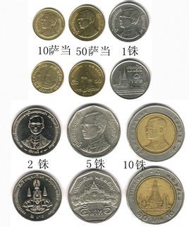 硬币有:10泰铢,5泰铢,2泰铢,1泰铢,0.5泰铢,0.25泰铢.