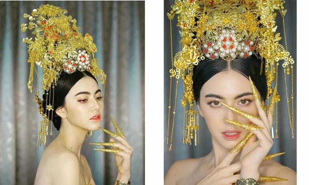泰国当红女星Mai Davika这身“皇后黄袍”和范爷的龙袍装有的一拼!！！1.jpg