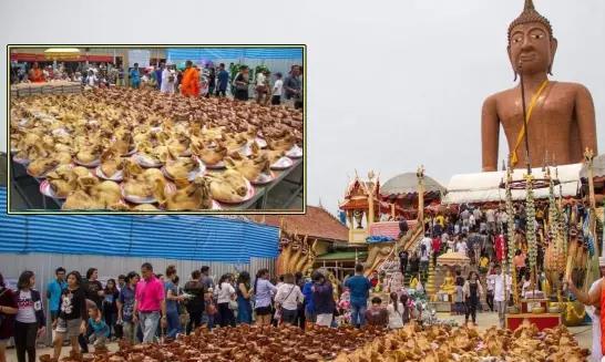据说这座泰国寺庙超灵验！又有人带200猪头、9000鸡蛋前去还愿